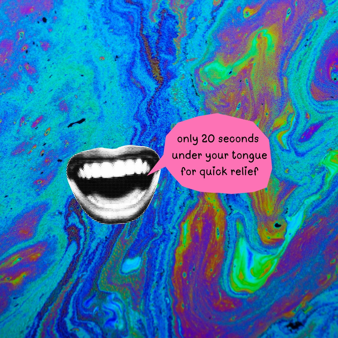 Colorful abstract background with a mouth graphic and text bubble on a multicolored abstract pattern.