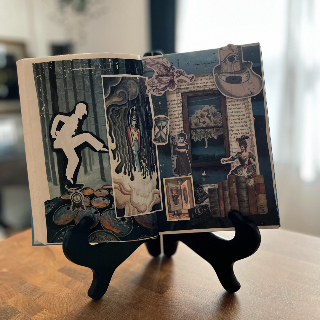 Decorative book with cut-out illustrations on a stand