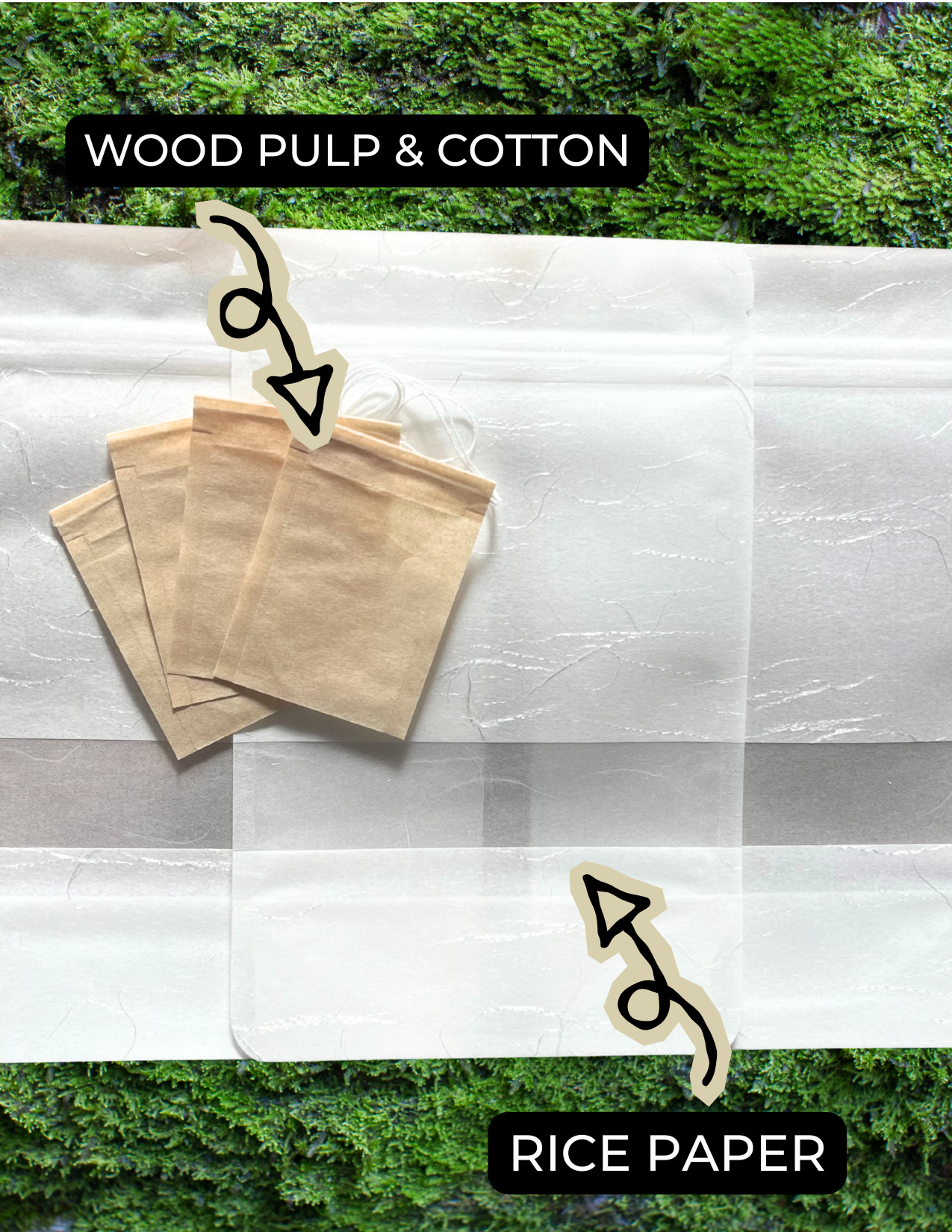 Handmade herbal tea bags and rice paper package on a moss background
