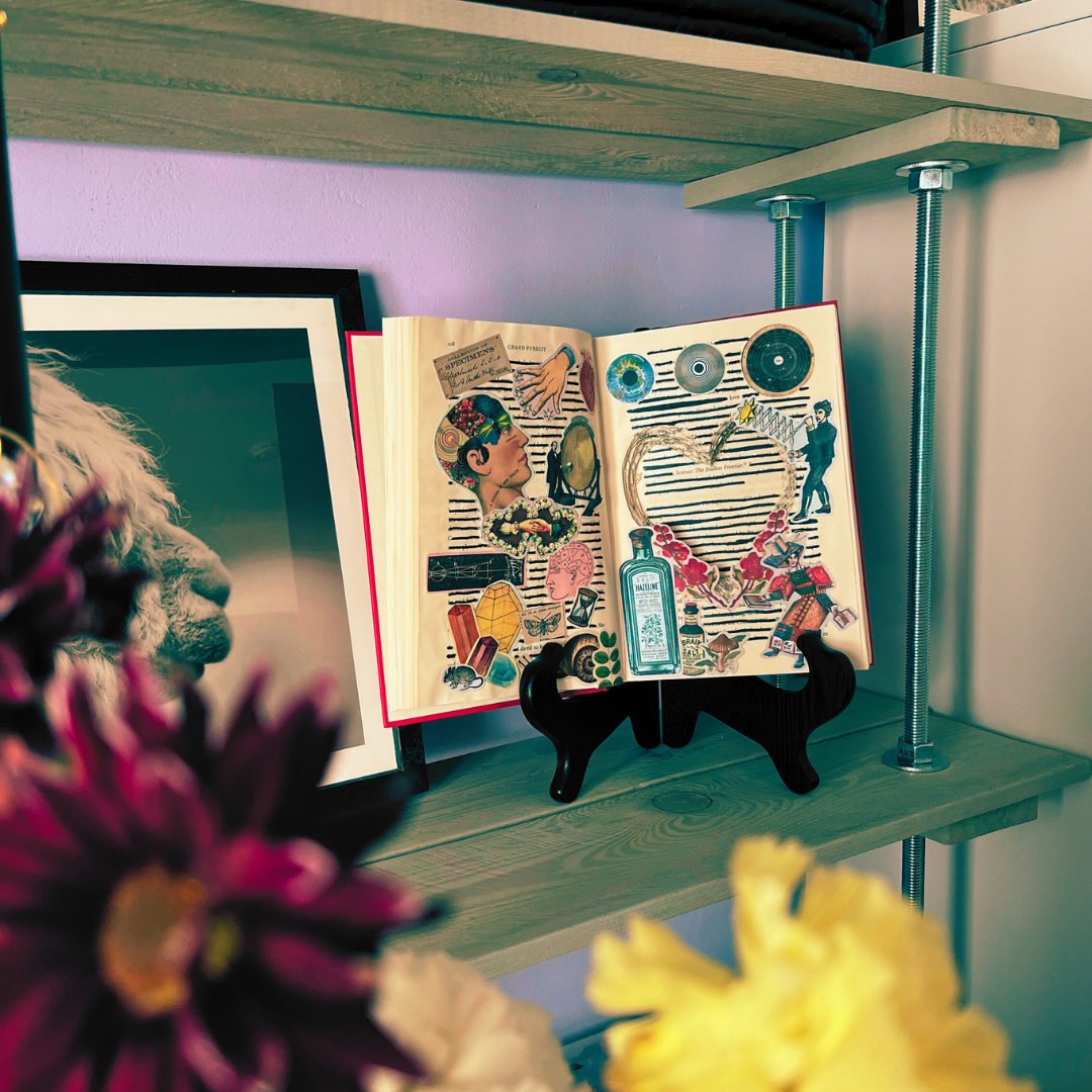 Open book with illustrations on a stand on a shelf with decorative elements.