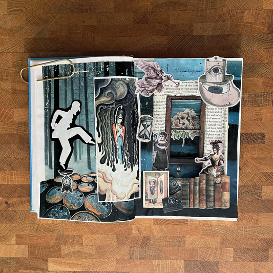 Artistic collage on a wooden surface