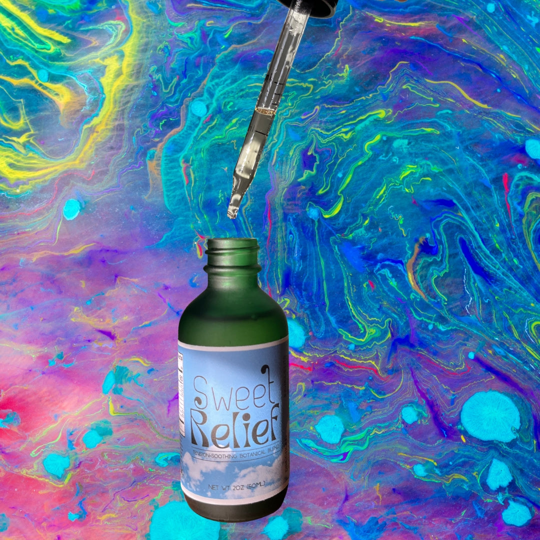 Bottle labeled 'Sweet Relief' with a dropper against a colorful, abstract background