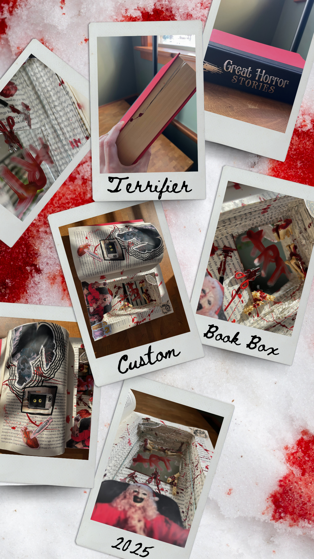 Collage of photos and text on a red background with 'Terrifier' and 'Custom Book Box' text.