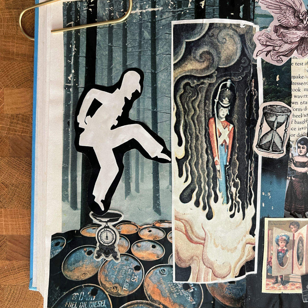 Collage with various artistic elements including a silhouette, a woman, and abstract designs.