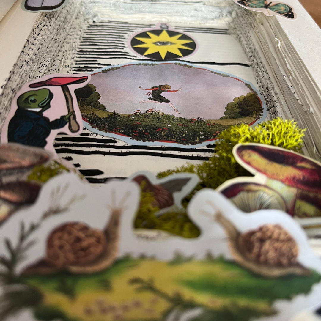 Collage of nature-themed stickers including a mushroom, snail, and landscape.