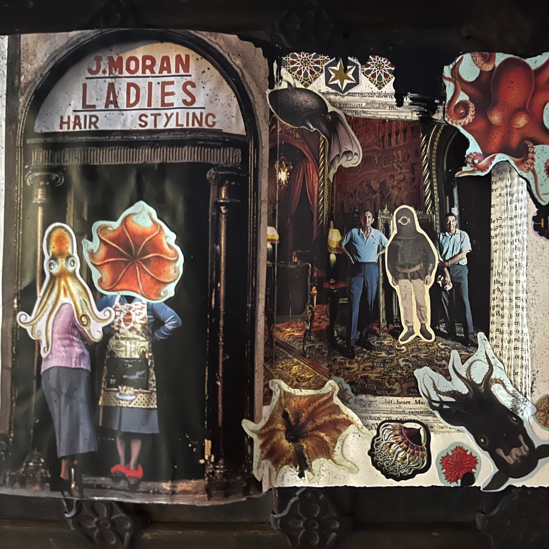 Collage of vintage-style salon interior with people and decorative elements.