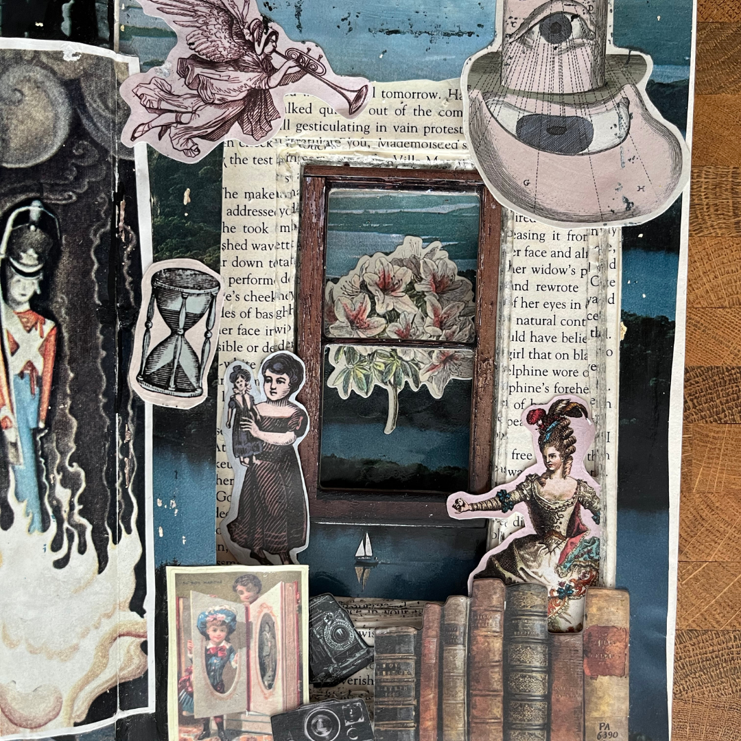 Collage of vintage-style illustrations and text on a textured surface