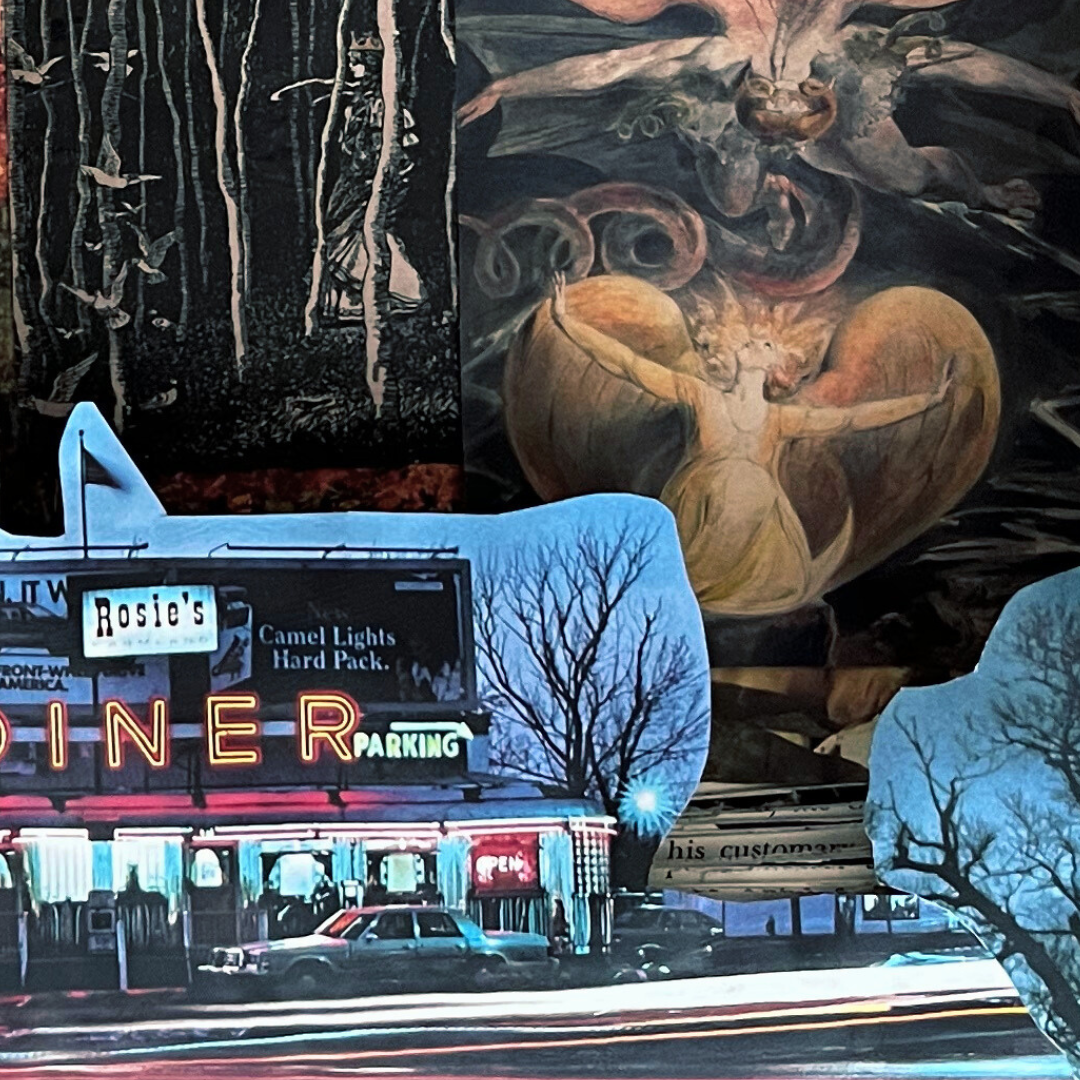 Collage of a diner sign, a painting of a woman, and a forest scene. 