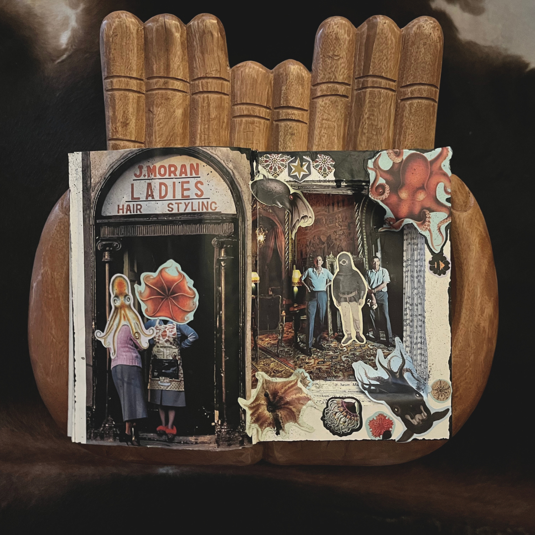 Collage of a vintage-style hair salon with 'J. Moran Ladies Hair Styling' sign on a wooden surface.