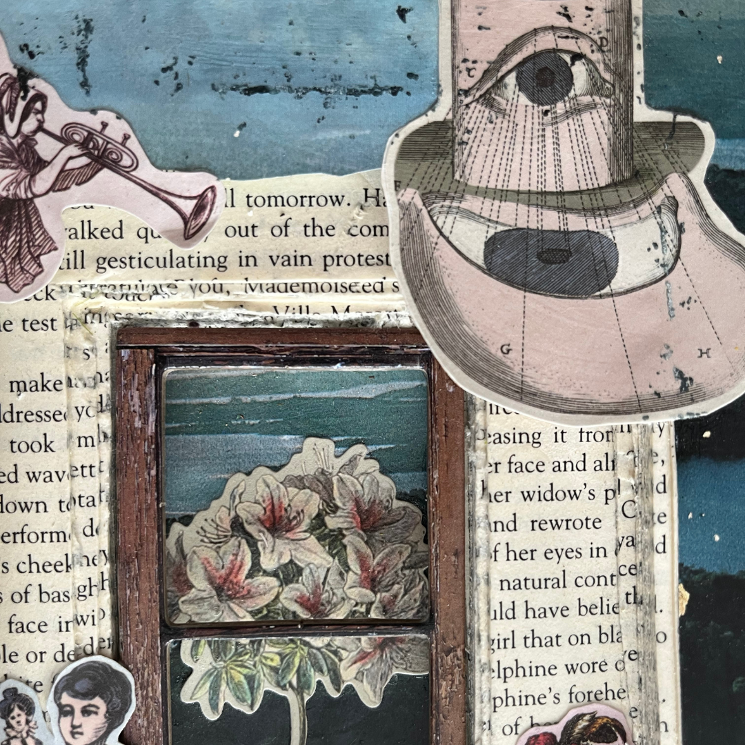 Collage of vintage-style elements including a map, flowers, and text on a textured background.