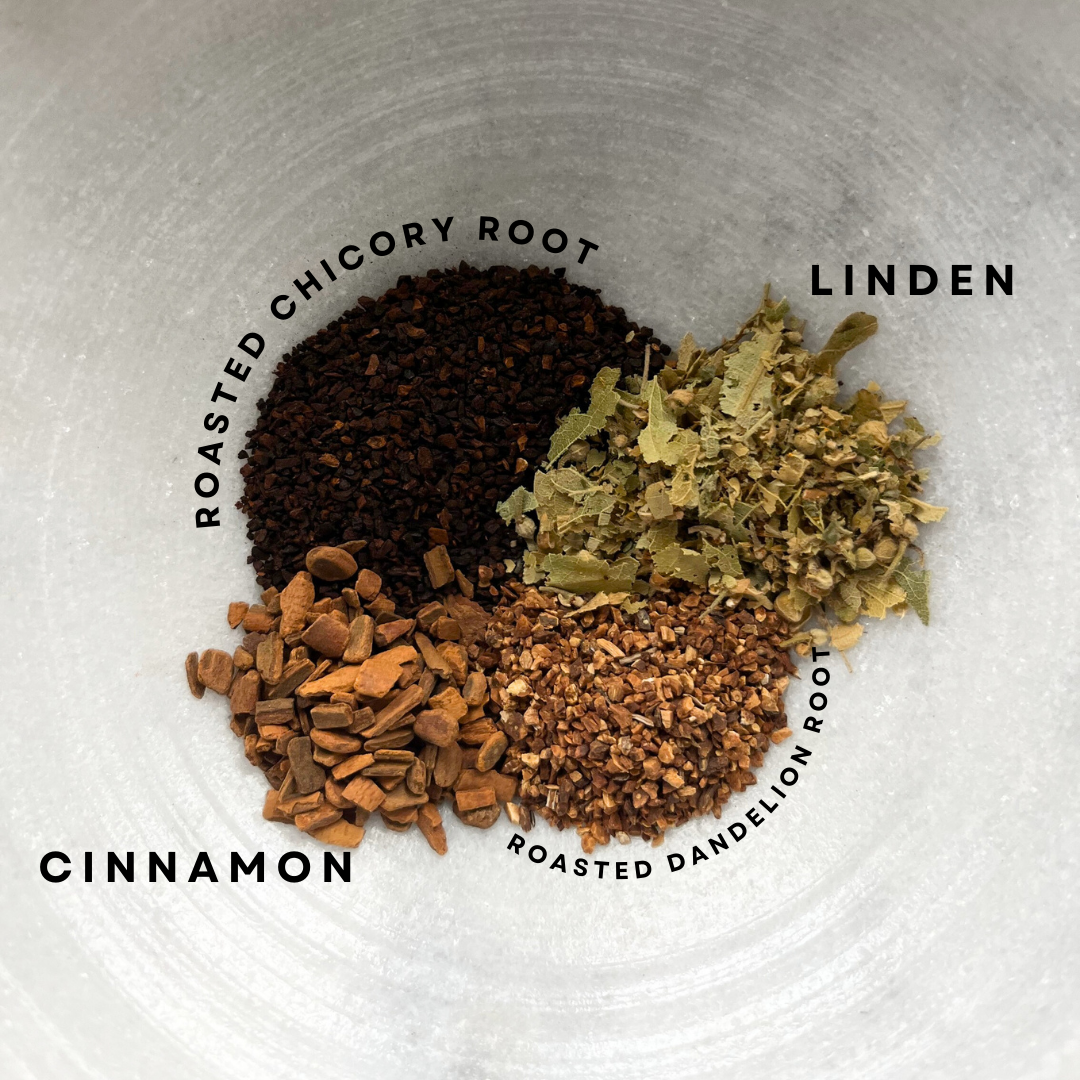 Spices including roasted chicory root, linden, cinnamon, and roasted dandelion root on a white background.