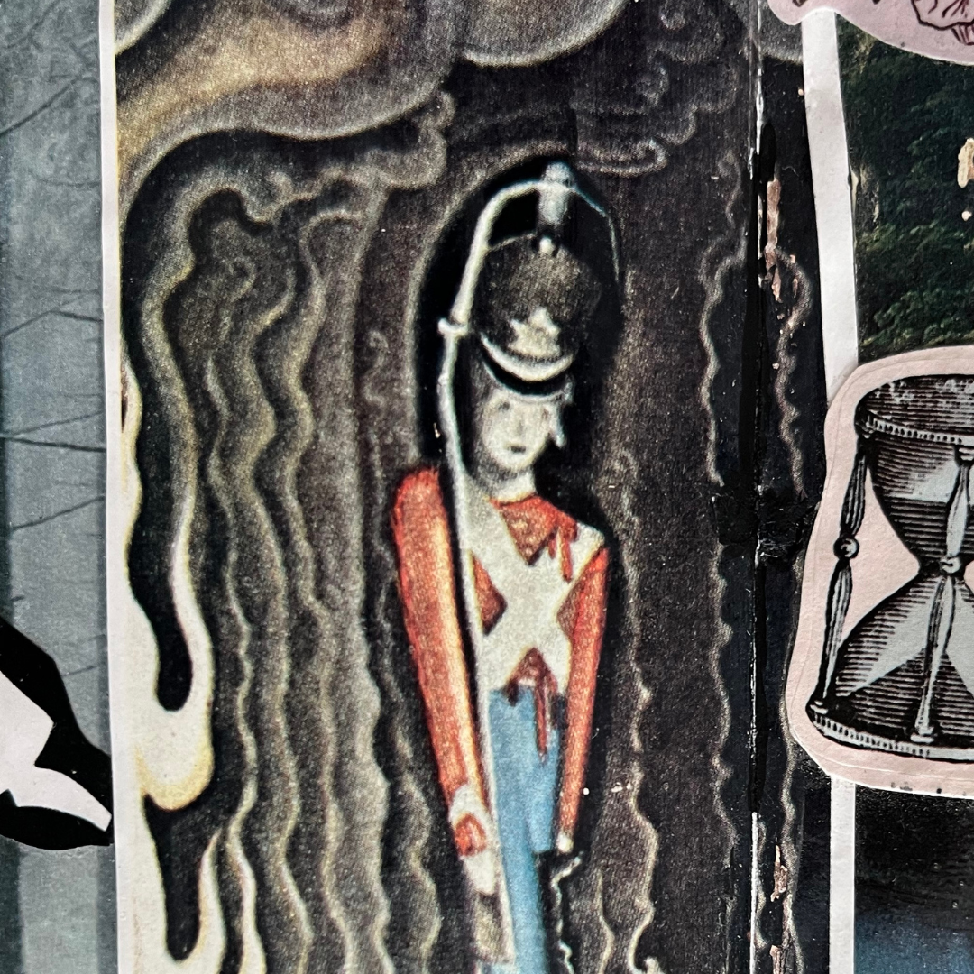 Collage of vintage-style illustrations with a central figure in uniform.