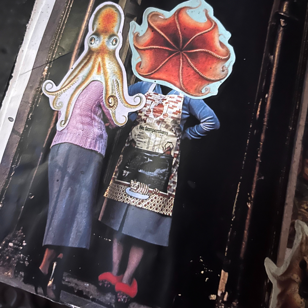 Collage of two people with octopus heads and a red flower on a dark background