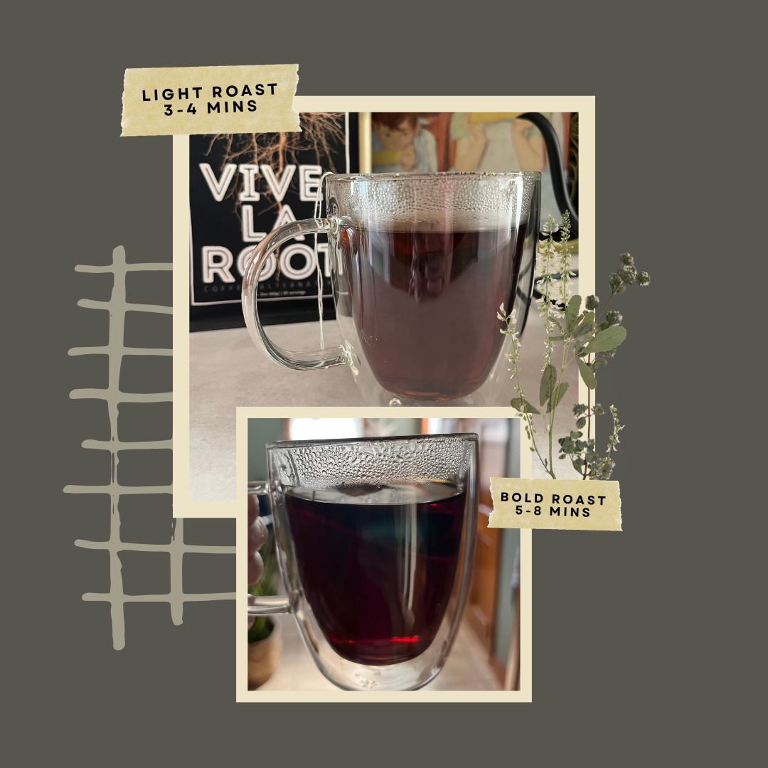 Two glass mugs filled with dark liquid, likely coffee, on a dark background with text about roast levels.