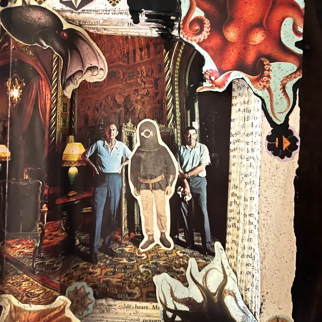 Artistic collage with two people standing next to a cutout figure in an ornate room.