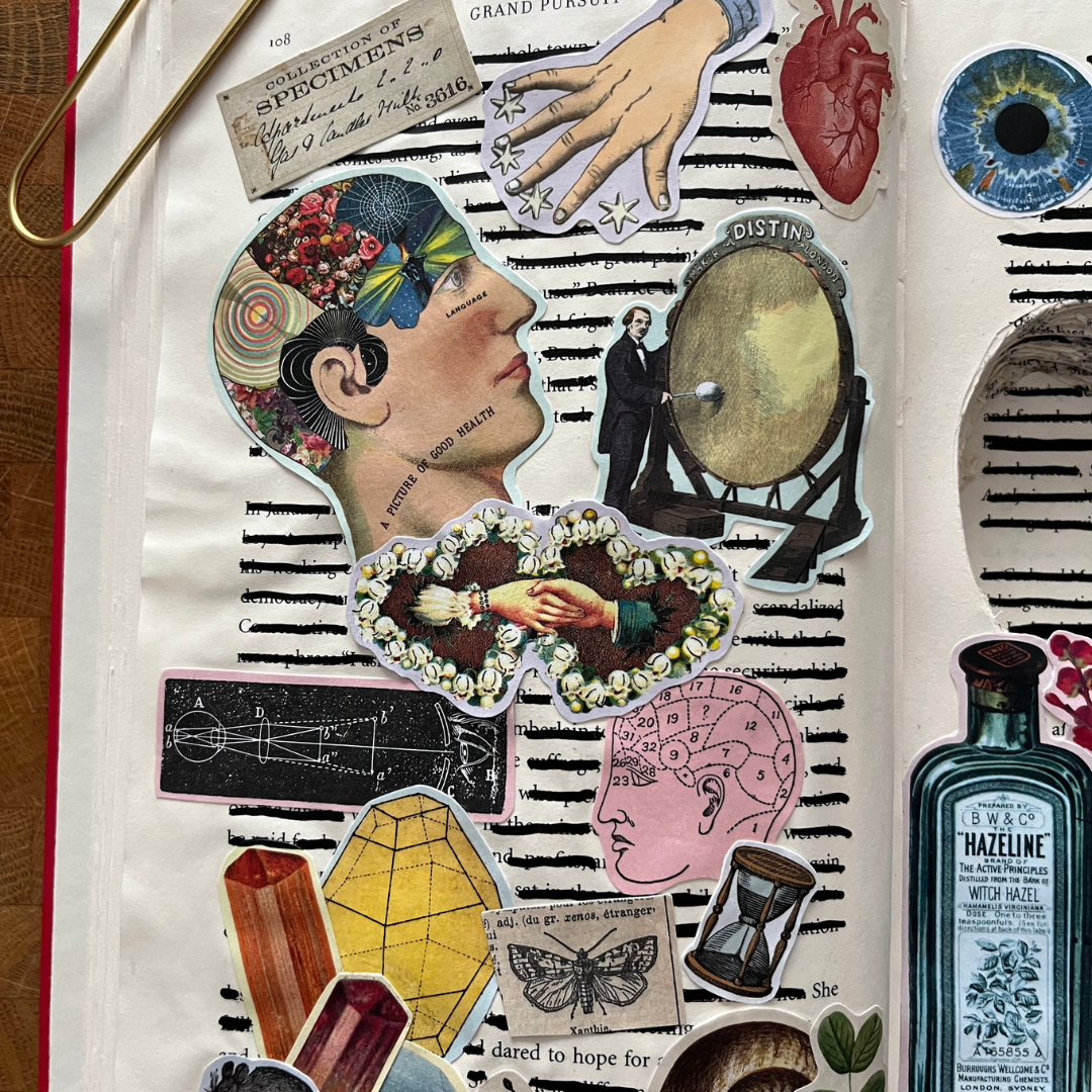Collage of vintage illustrations and a bottle of alcohol on a textured surface.