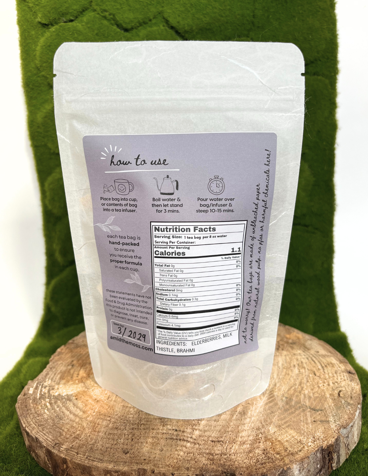 Clear packaging with purple label on a green background