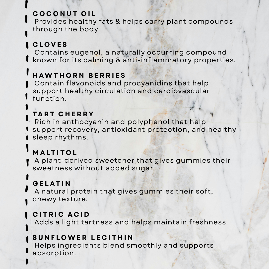 List of ingredients with their functions on a marble background