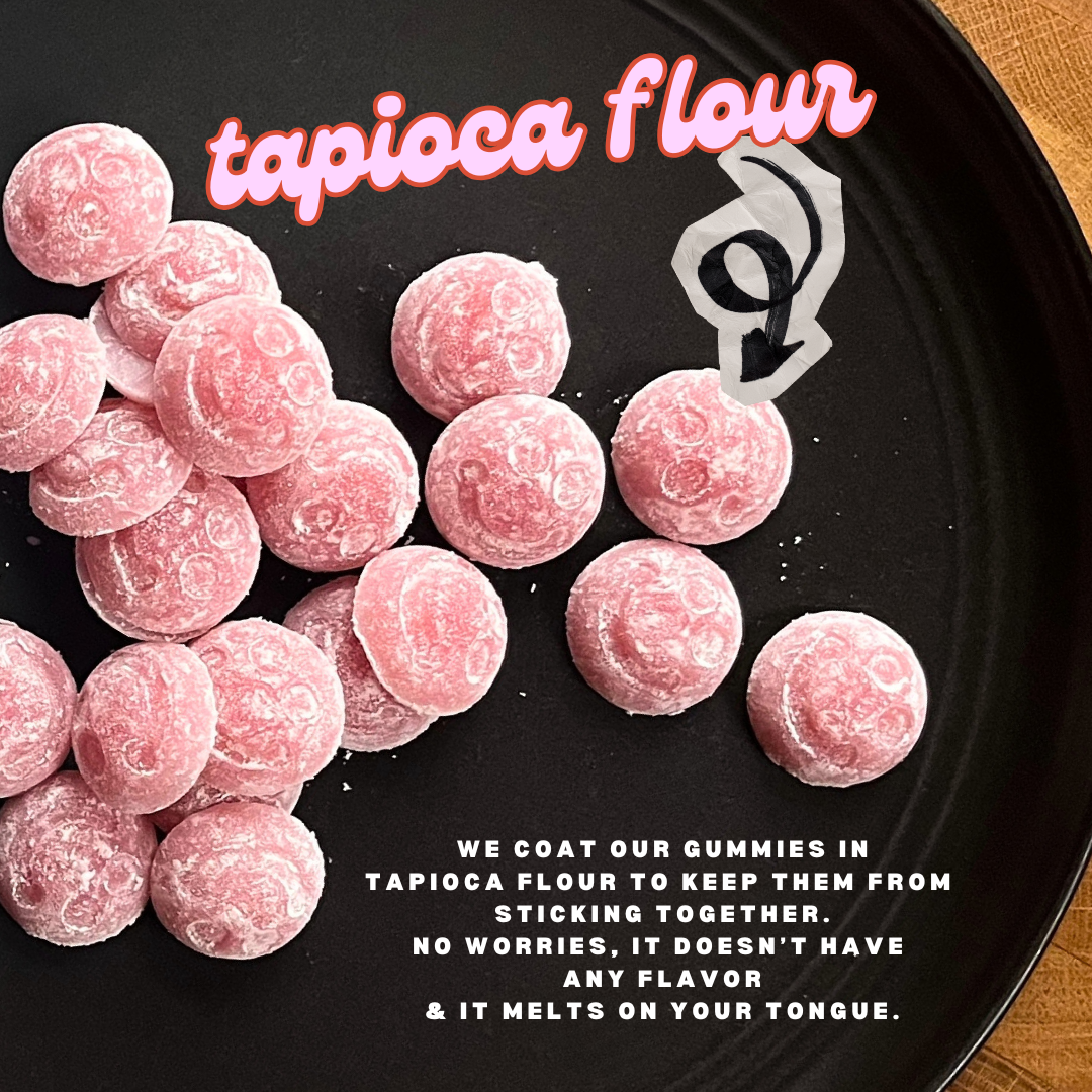 Pink gummy candies on a black plate with tapioca flour text and description.