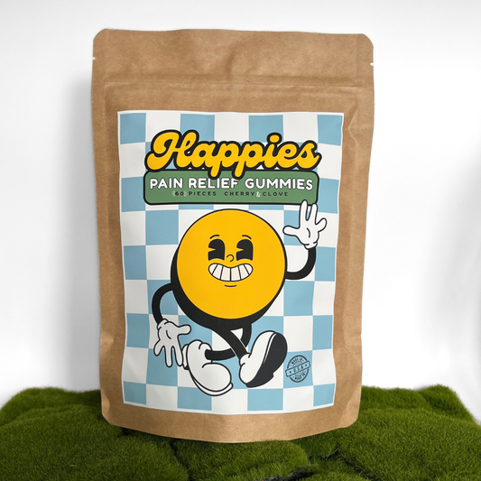 Happies Pain Relief Gummies packaging with a cartoon character on a checkered background