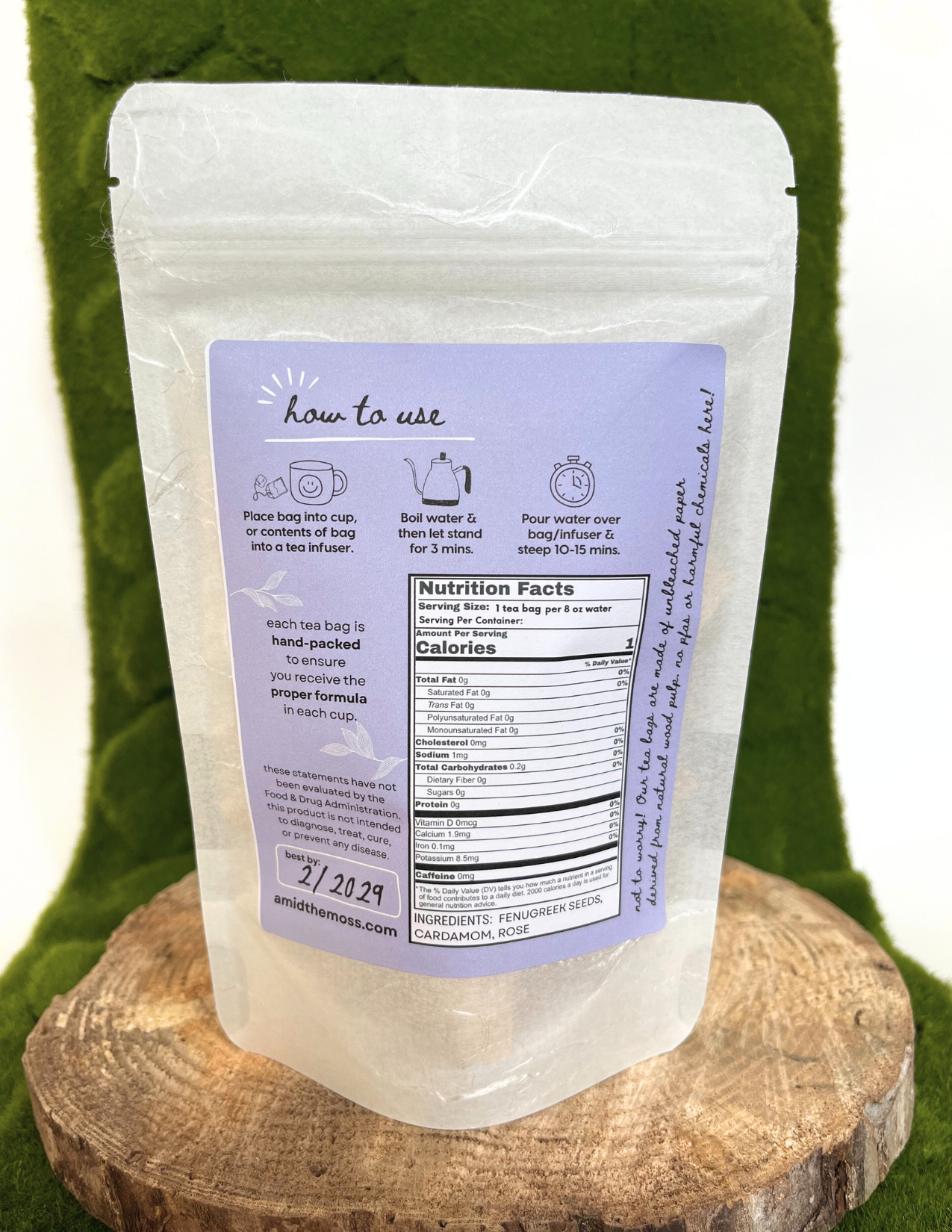 Clear packaging with a purple label on a green background